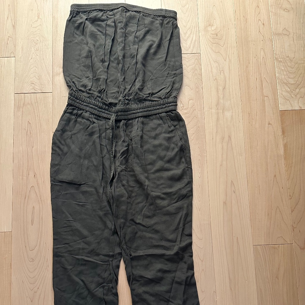 Vintage Aritzia Talula Dark Green Romper Jumpsuit Strapless Cinched Waist Jogger
